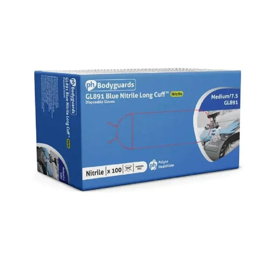 Polyco Bodyguards GL891 Long Cuff Blue Nitrile Gloves Powder Free Disposable