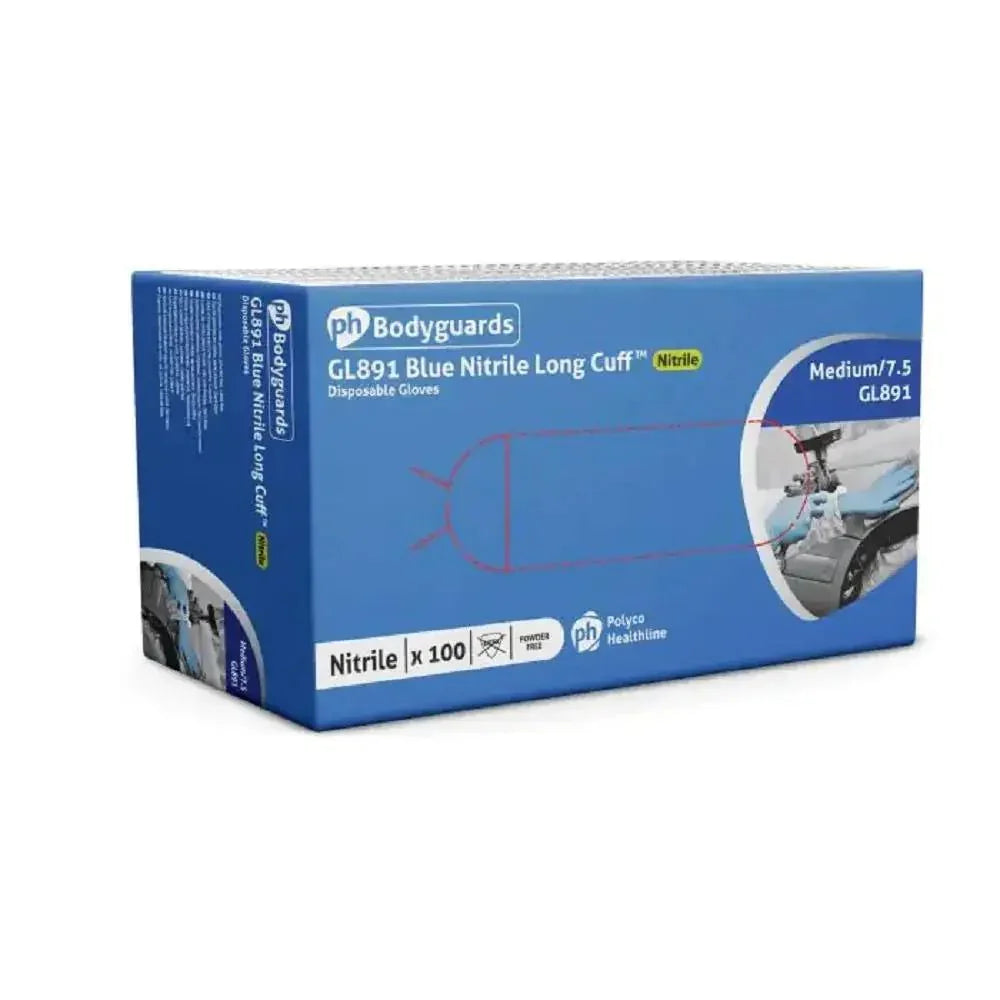 Polyco Bodyguards GL891 Long Cuff Blue Nitrile Gloves Powder Free Disposable
